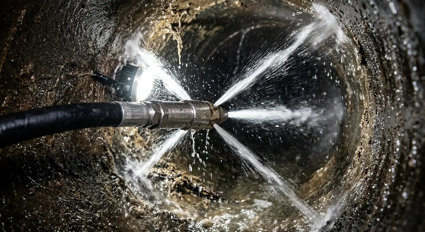 High-pressure hydro jetting nozzle cleaning sewer pipe for Emergency Drain Service in East Hills